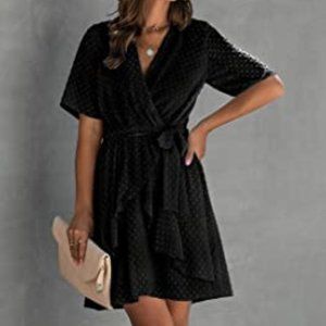 Women Short Sleeve Polka Dot Floral Pattern A-Line Tie Belt Short Dress